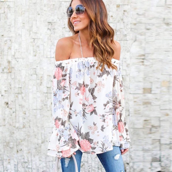 Tops - Off Shoulder Ruffle Sleeve Floral Top